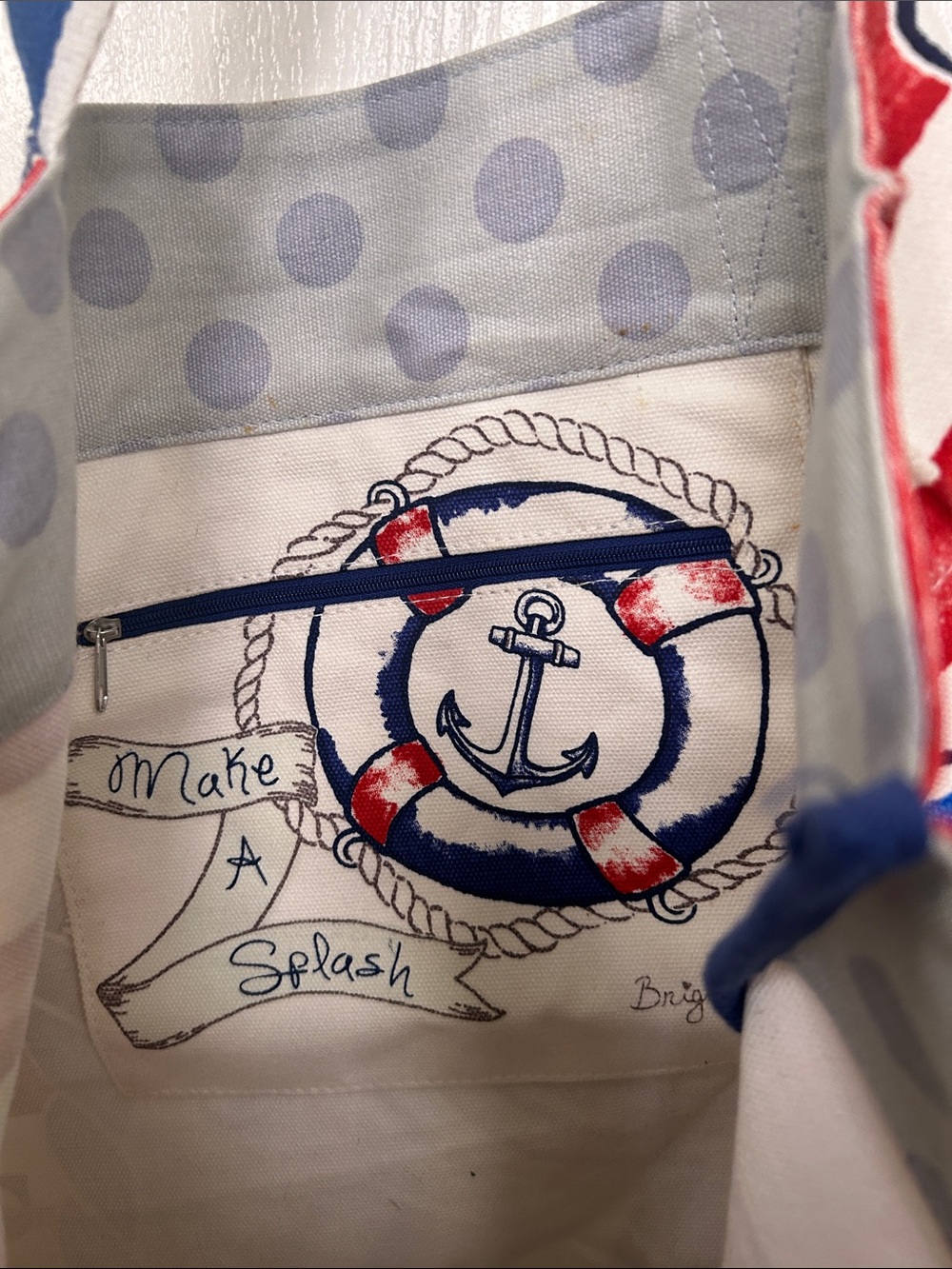 Brighton Nautical Anchor Print Tote Bag in Red, Blue & White - Picture 2 of 4
